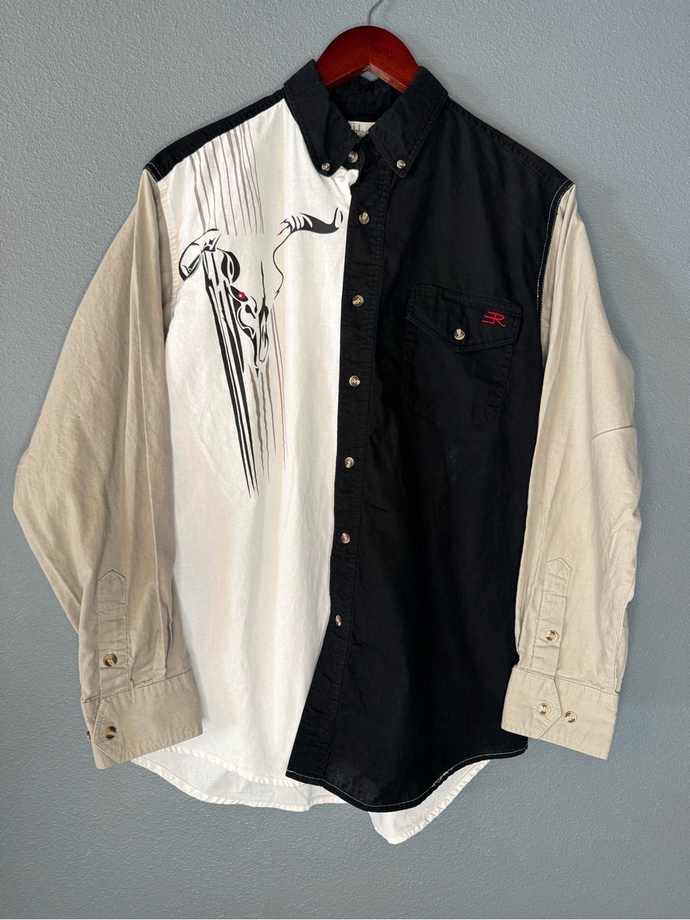 Express Rider Western Shirt Mens M Steer Skull Colorblock Cowboy 100% Cotton